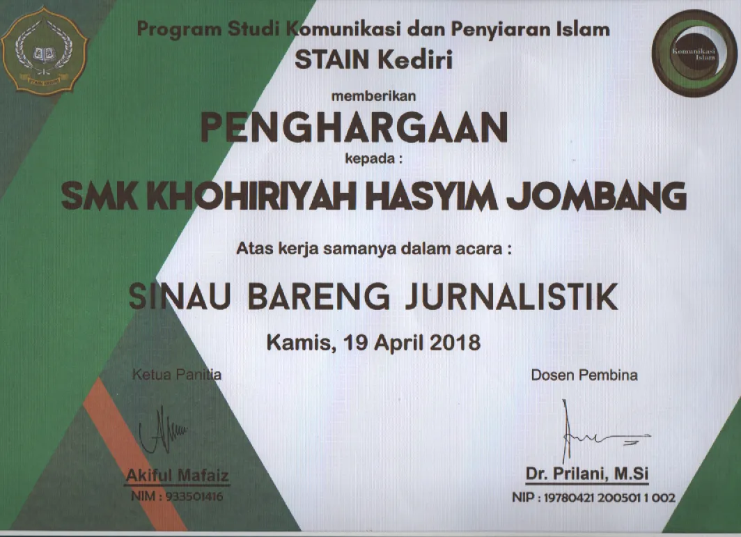 2018 - PIAGAM PENGHARGAAN ATAS KEJASAMANYA DALAM ACARA SINAU BARENG JURNALISTIK STAIN KEDIRI 